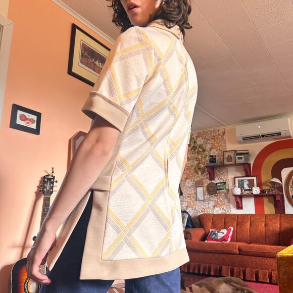 1960s MOD argyle print yellow and grey collared dagger collar short sleeved blou - Picture 8 of 10
